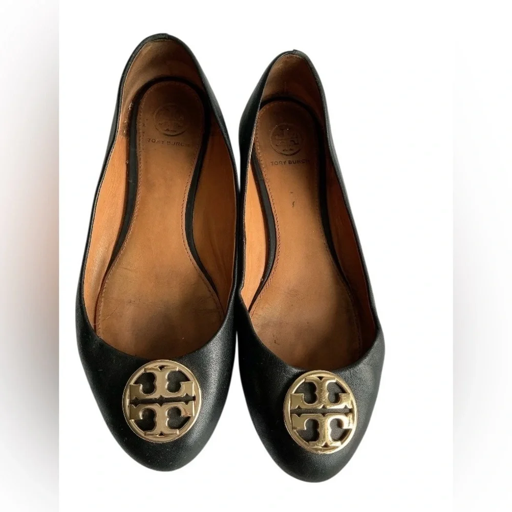 Tory Burch Black Leather Flats with Gold Emblem